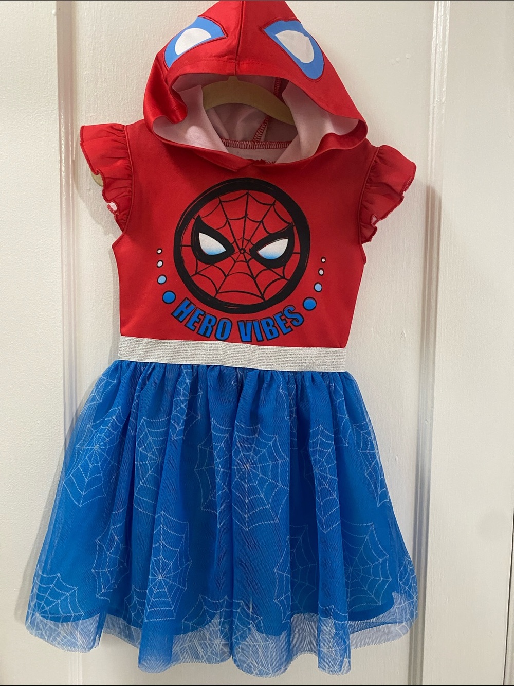 Marvel Spider-Man Girls Halloween Costume Tutu Tulle Dress Hooded Red Blue Size4